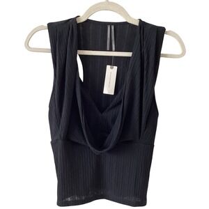 Anthropologie Black Onyx Draped Cowl Neck Ribbed Racerback Tank Top Small NEW